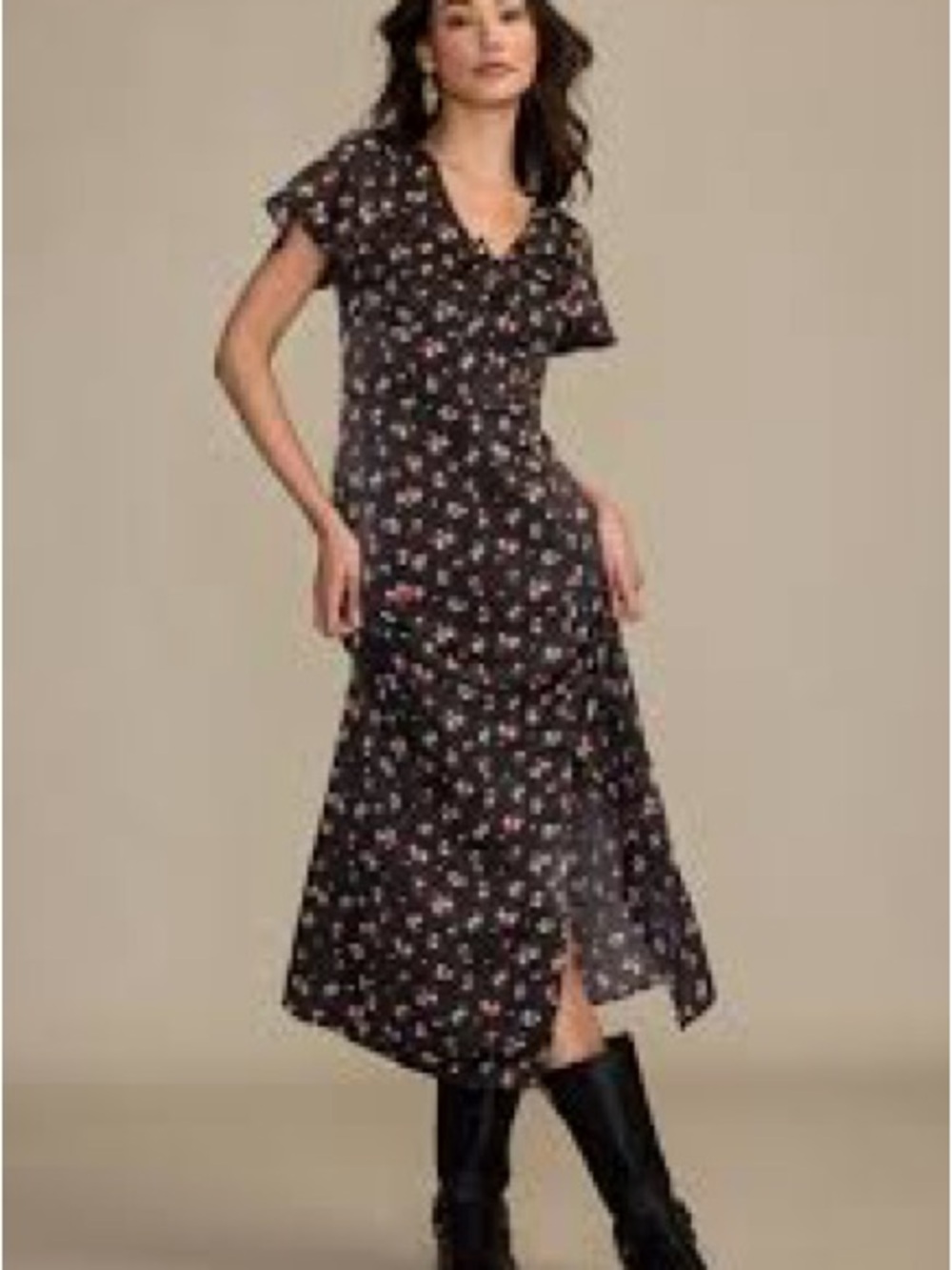 Erika Black Floral Midi Dress with V-Neck
